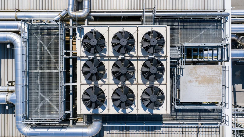 Aerial top-down view of industrial cooling system with multiple fans and metal ducts on factory exterior