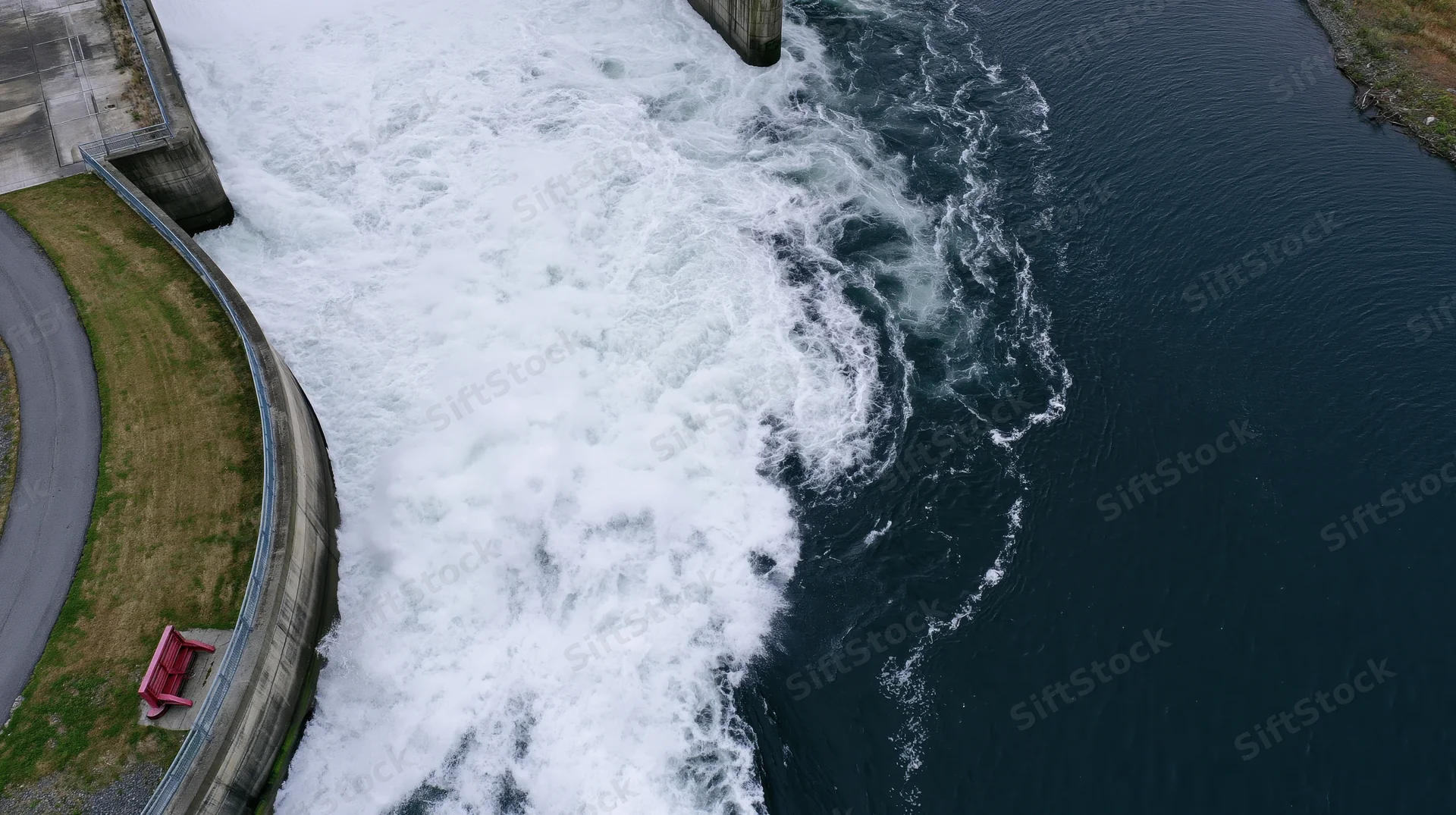 Aerial top-down view of dam spillway releasing turbulent water into river