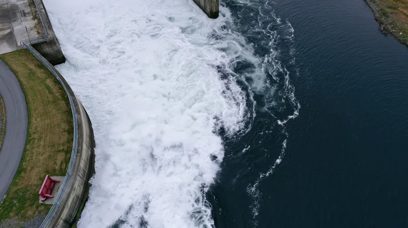 Aerial top-down view of dam spillway releasing turbulent water into river