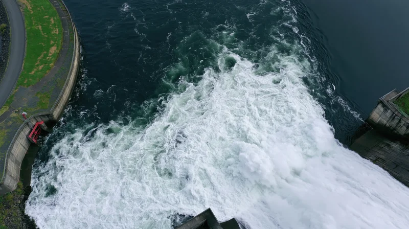 Aerial top-down view of water cascading from dam spillway into river