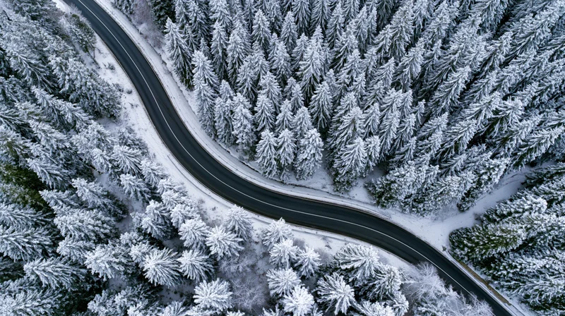 Winding road cutting through snow-covered pine forest from aerial view