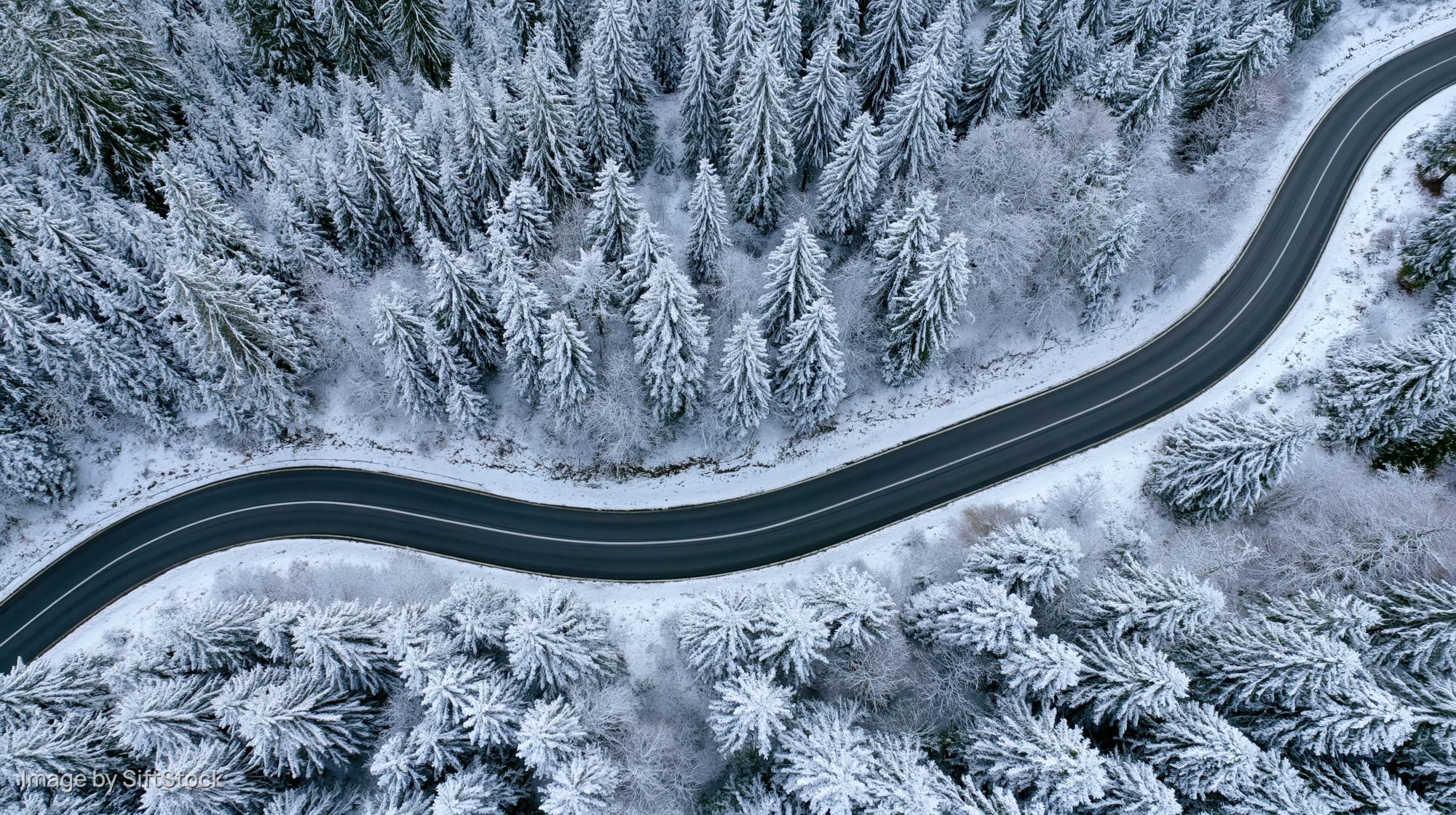 Winding road cutting through snow-covered forest from aerial top-down view