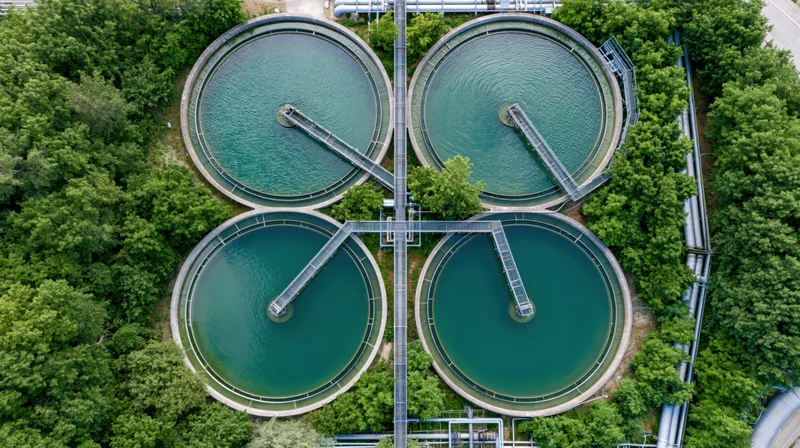 Aerial top-down view of four circular wastewater treatment tanks surrounded by green trees