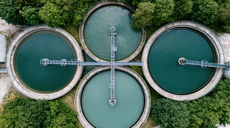 Aerial top-down view of four circular water treatment tanks surrounded by green trees