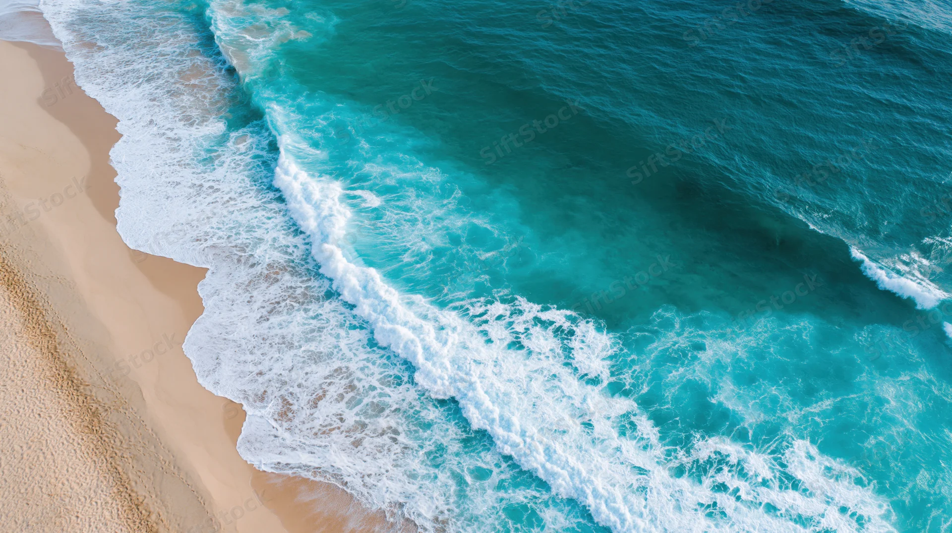 Aerial top-down view of turquoise ocean waves breaking onto a sandy beach