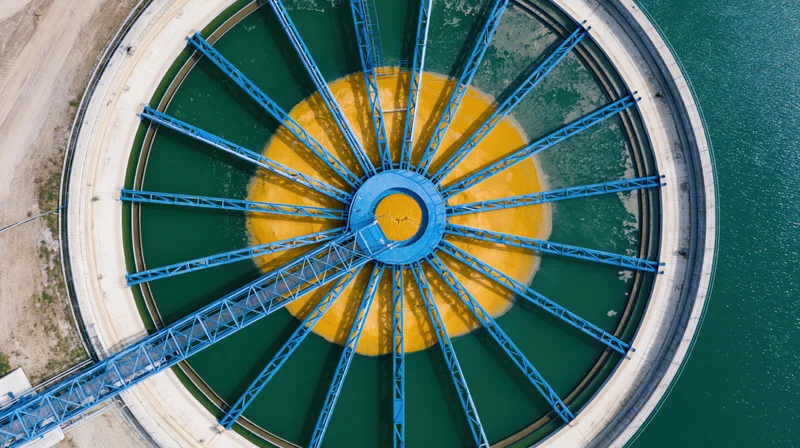 Aerial top-down view of a circular water treatment clarifier with blue radial beams and yellow center in a green water tank