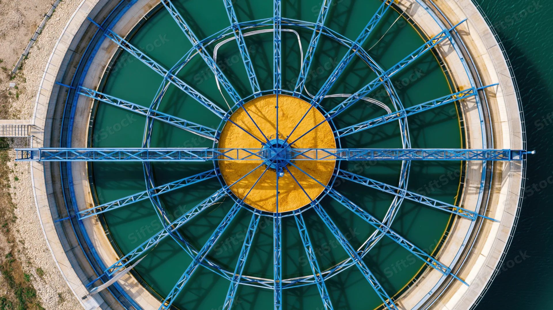 Aerial top-down view of a large circular water treatment clarifier with blue metal framework and green water basin