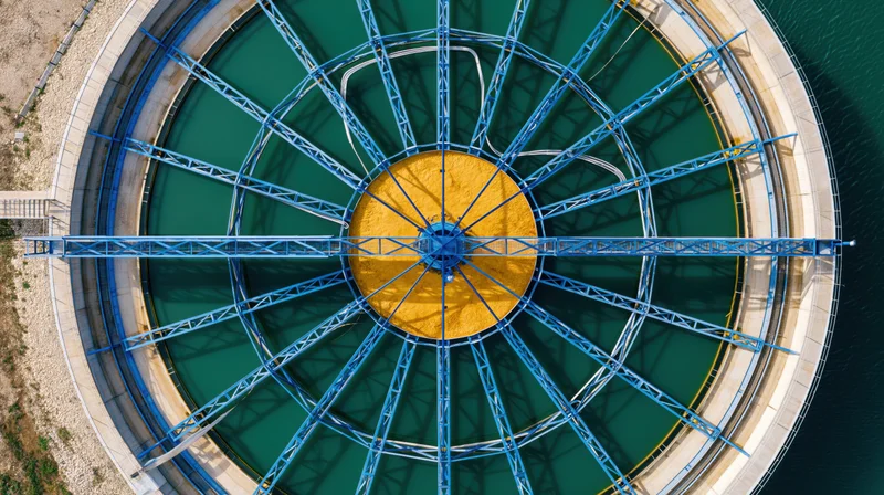 Aerial top-down view of a large circular water treatment clarifier with blue metal framework and green water basin
