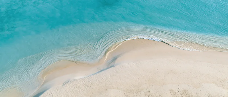 Aerial top-down view of a shallow tropical shoreline with turquoise water meeting white sand