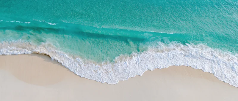 Aerial top-down view of turquoise ocean wave gently breaking on sandy beach
