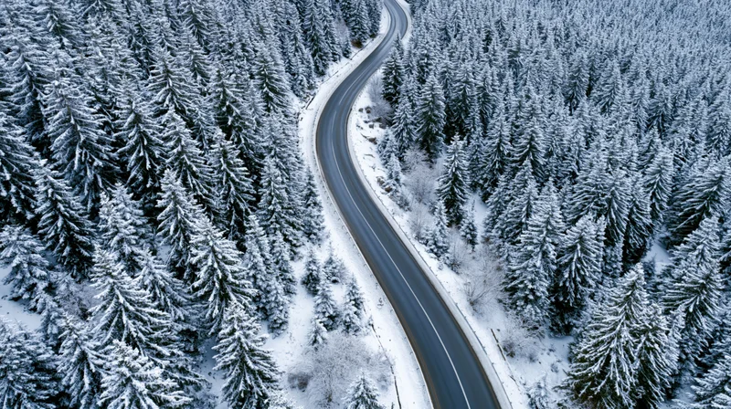 Winding road cutting through snow-covered pine forest from aerial view