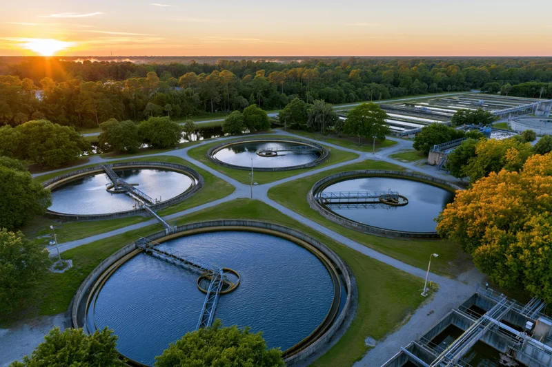 Aerial view of circular wastewater treatment tanks surrounded by greenery at sunset