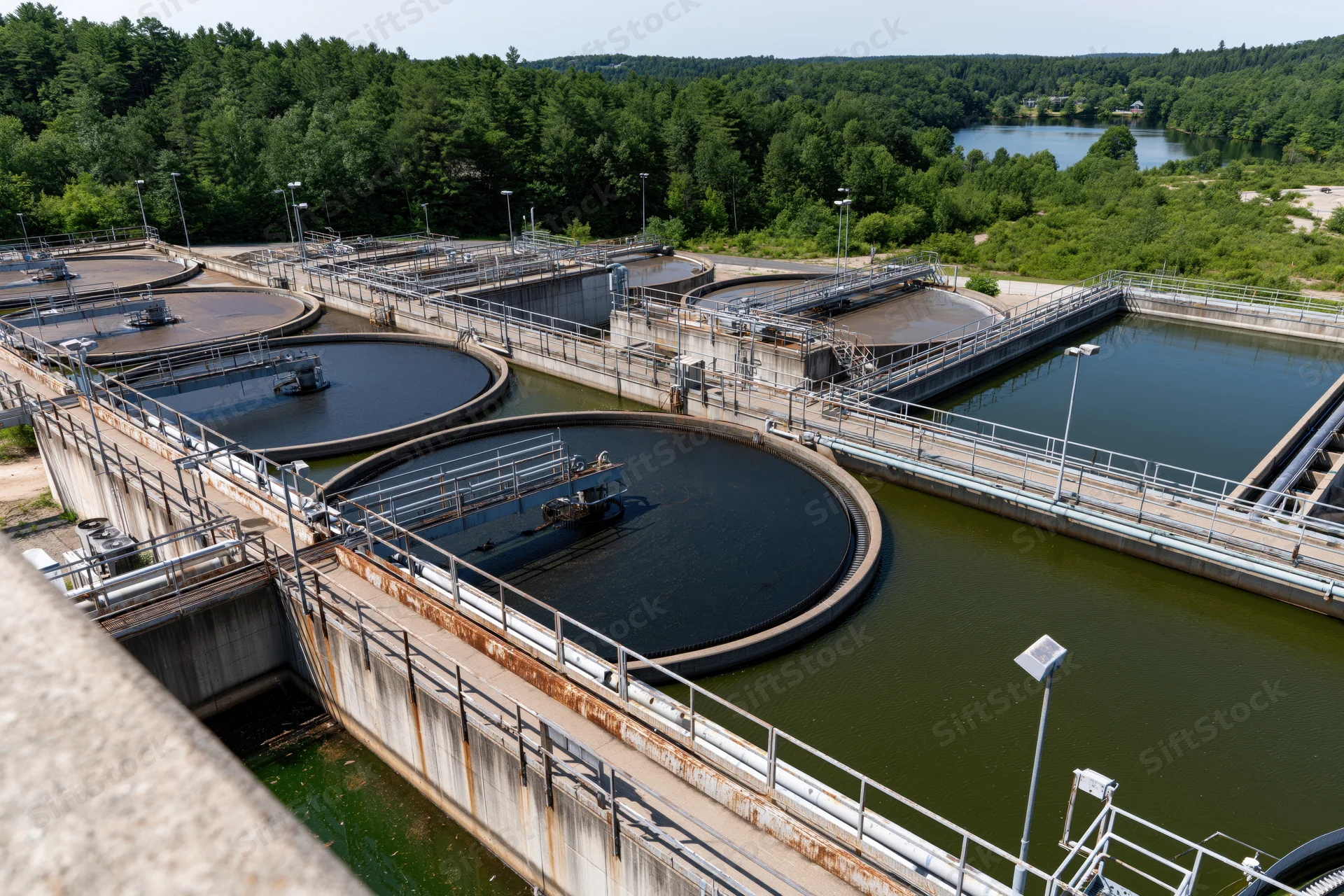 Aerial view of a wastewater treatment facility with circular tanks and surrounding greenery