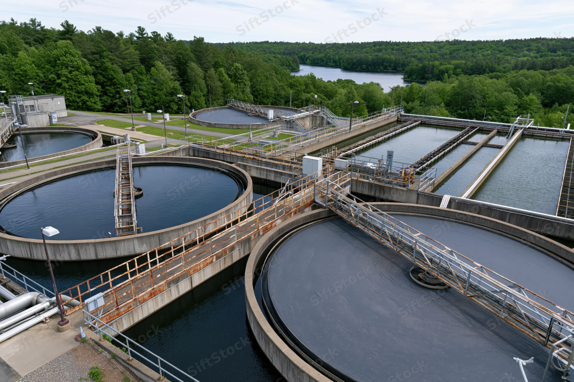 Aerial view of wastewater treatment facility with circular tanks and surrounding greenery