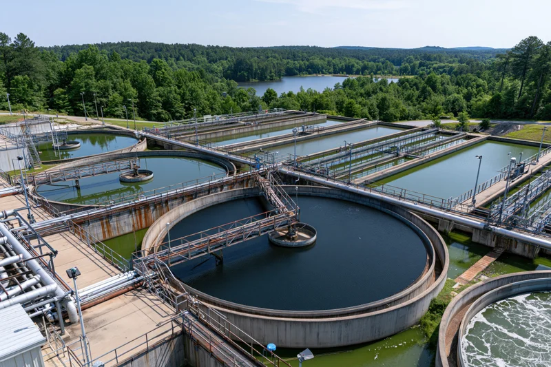 Aerial view of a wastewater treatment facility with circular tanks and surrounding greenery
