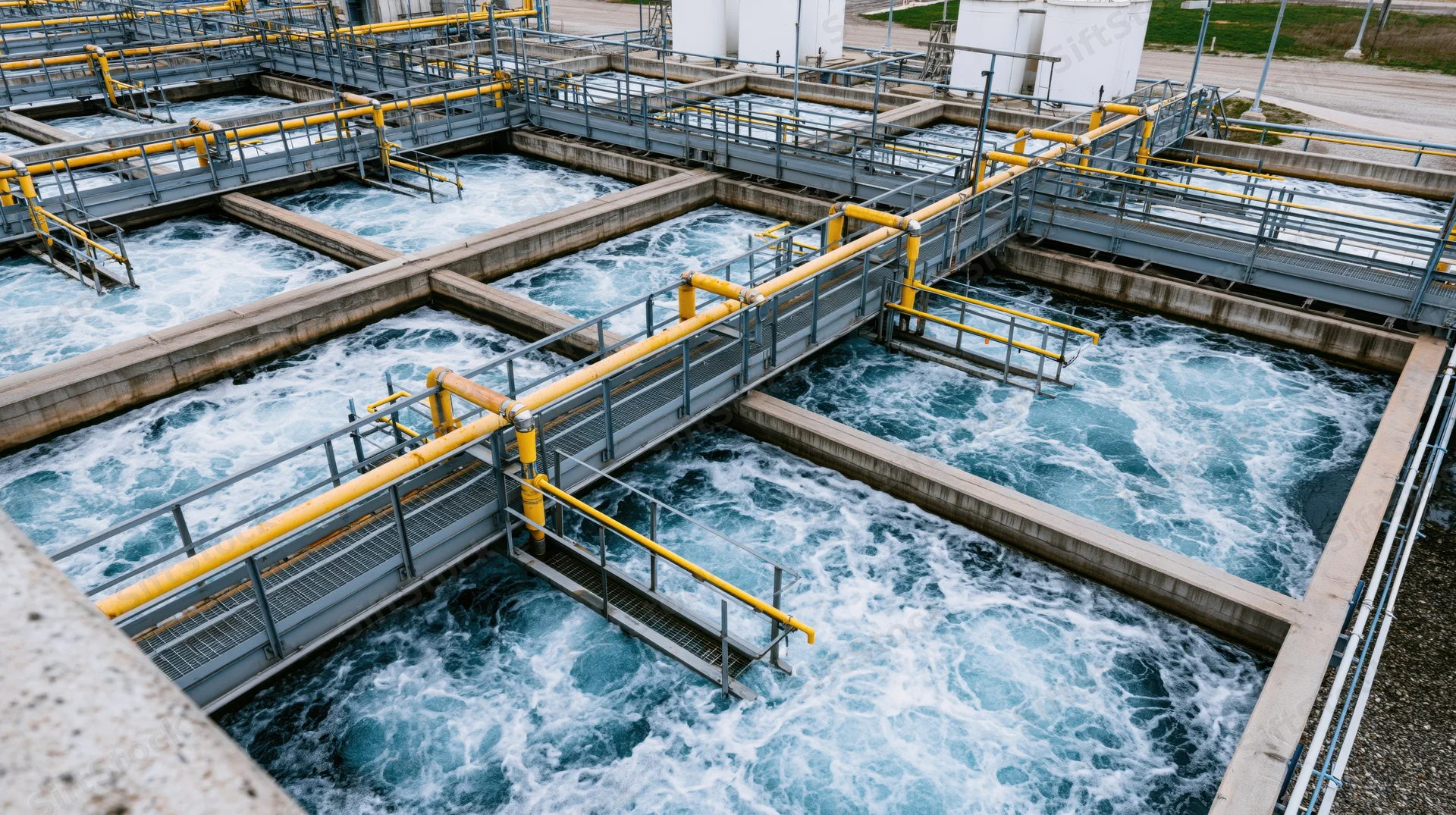 Aerial view of a water treatment facility with multiple rectangular tanks and yellow railings