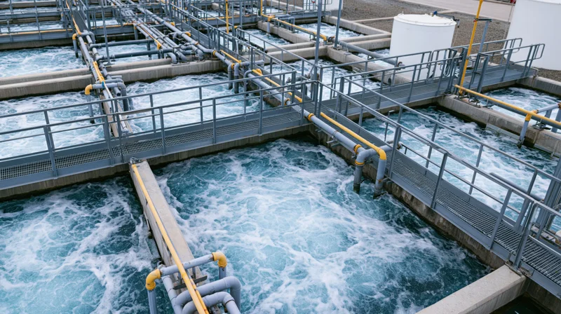 Aerial view of water treatment facility with flowing water and metal walkways