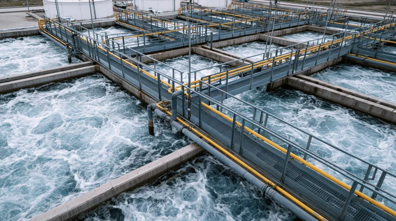 Aerial view of a water treatment facility with flowing water in concrete basins and metal walkways