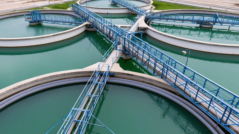 Aerial view of circular water treatment tanks with blue walkways and green water at a wastewater facility