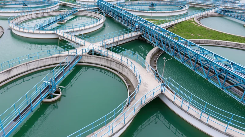 Aerial view of a large water treatment facility with multiple circular tanks and blue metal walkways connecting them