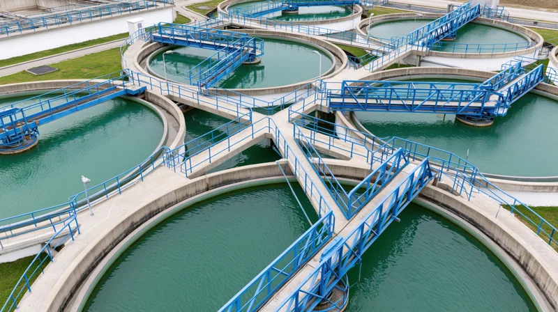 Aerial view of a large water treatment facility with multiple circular tanks and blue metal walkways connecting them