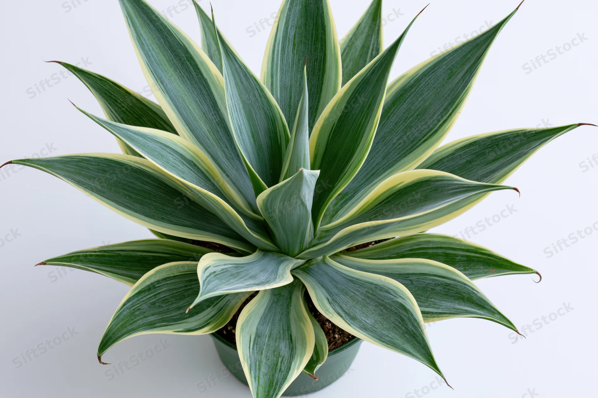 Variegated agave succulent in a green pot against a white background