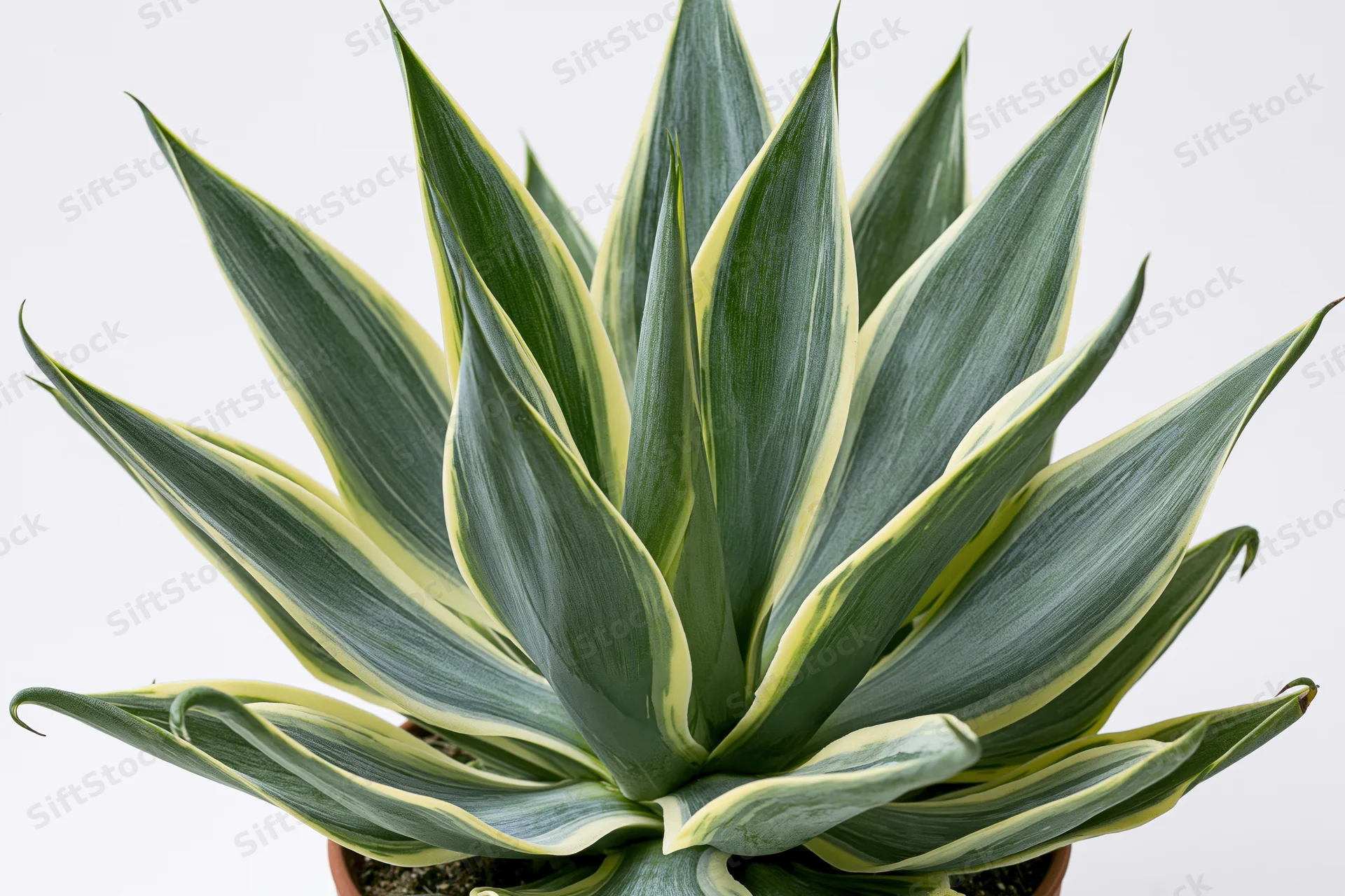 Variegated agave succulent plant in a pot against a white background