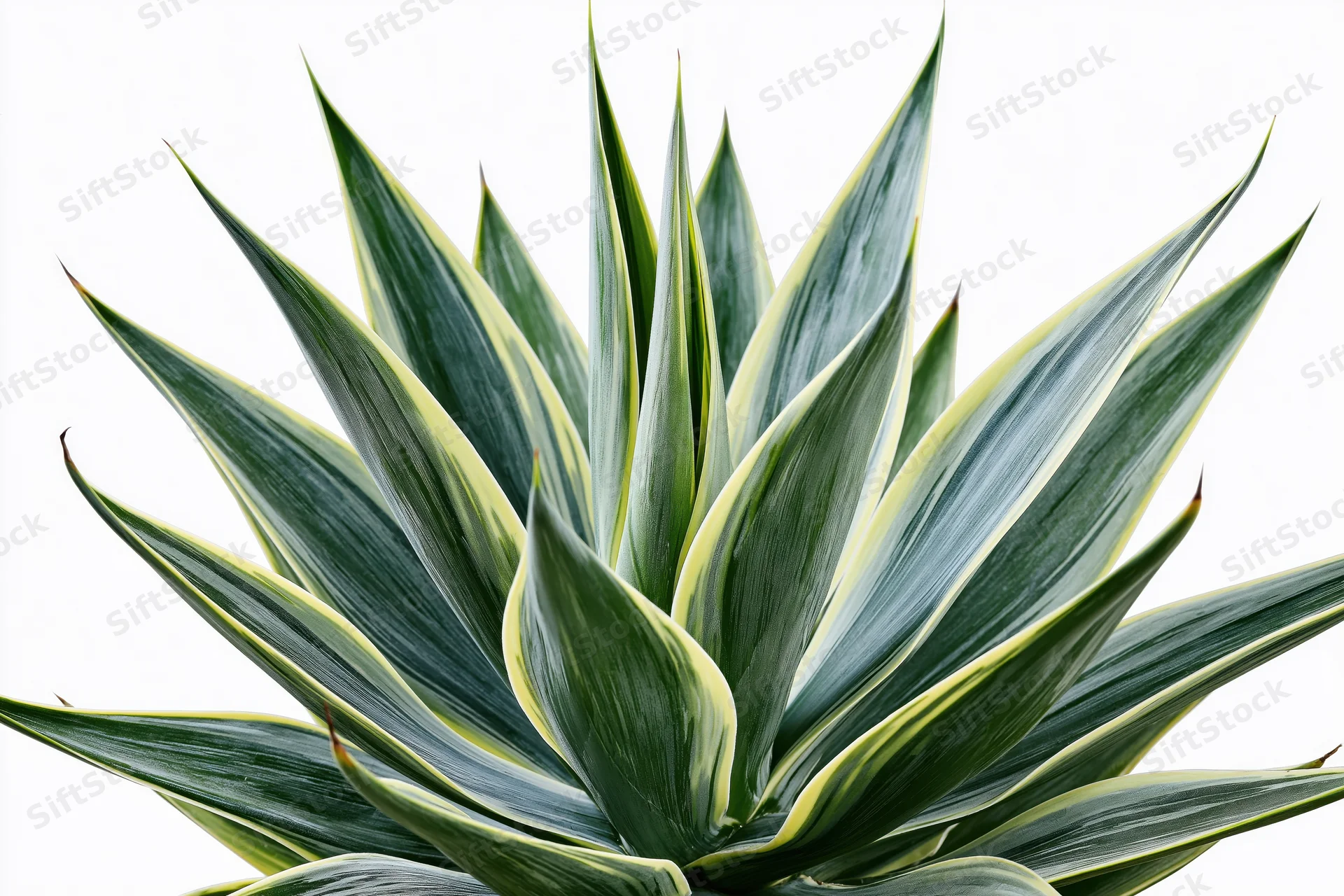 Variegated agave plant with green and yellow leaves isolated on white background