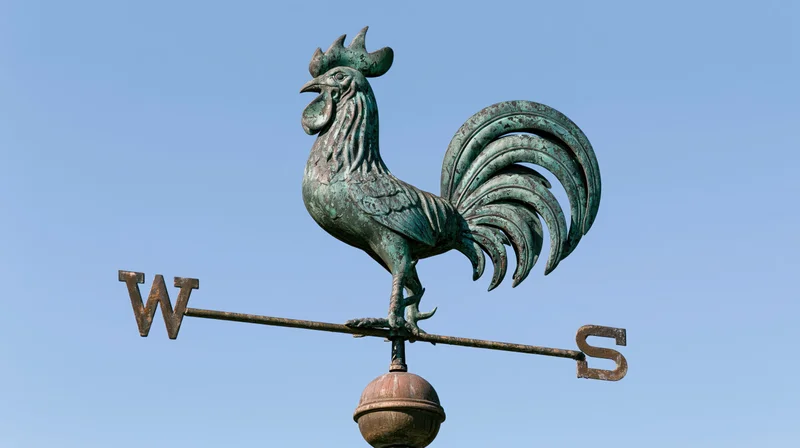 Aged copper rooster weather vane pointing cardinal directions against blue sky
