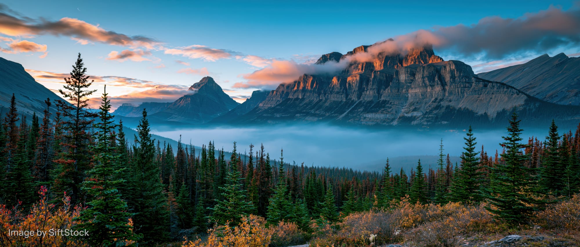 Alpine mountain range at sunset with fog in valley surrounded by evergreen forest