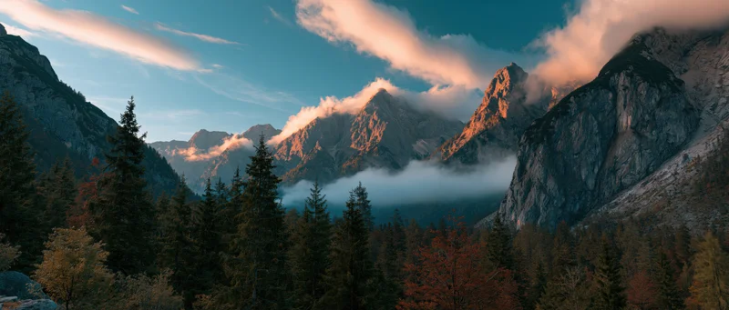 Alpine mountain range at sunset with rocky peaks and forested valley under cloudy sky