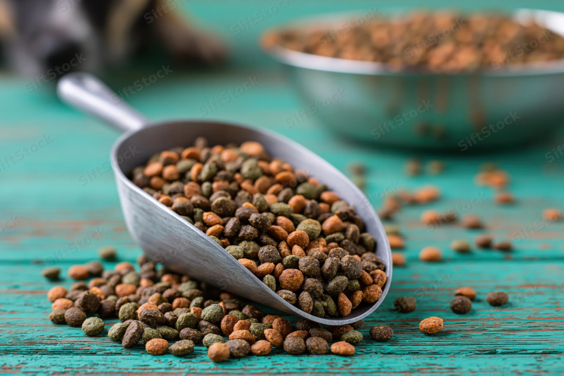 Aluminum scoop overflowing with dry pet kibble on a weathered teal wooden surface