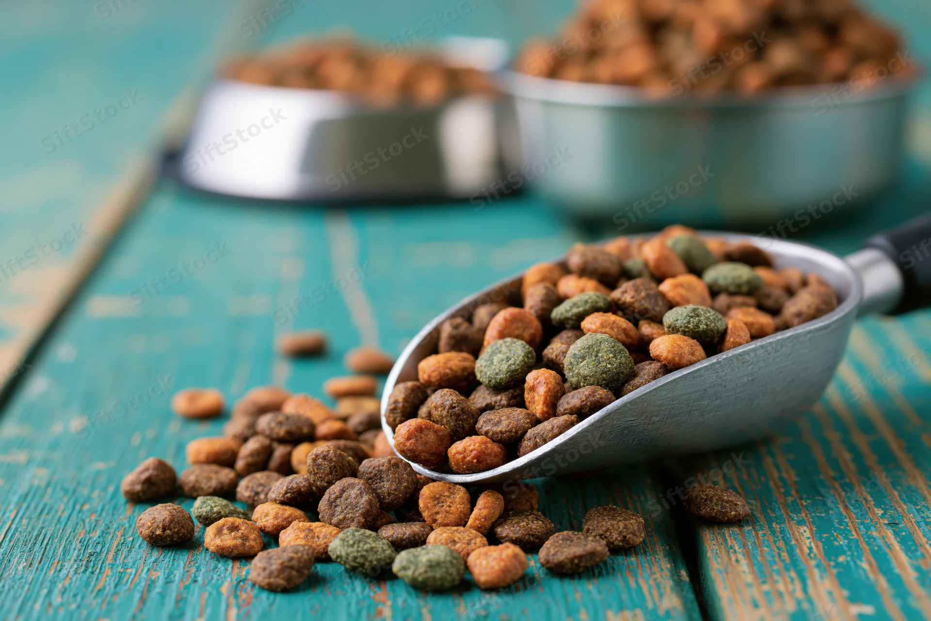 Aluminum scoop overflowing with dry pet kibble on a weathered teal wooden table