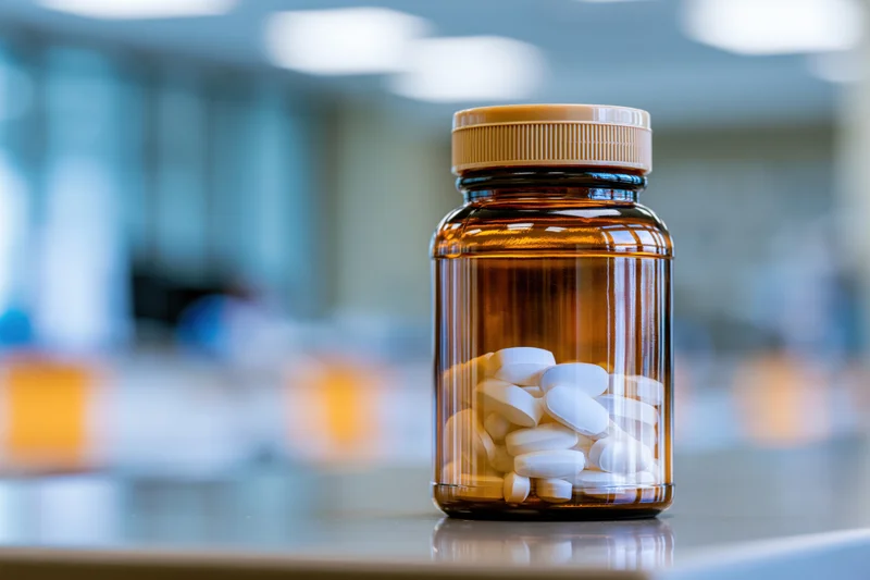Amber glass bottle filled with white oval tablets on a countertop in a pharmacy setting