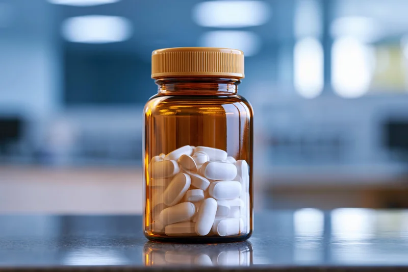 Amber glass pill bottle filled with white oval tablets on a reflective countertop in a laboratory setting