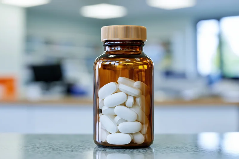 Amber glass bottle filled with white oval tablets on a countertop in a laboratory setting