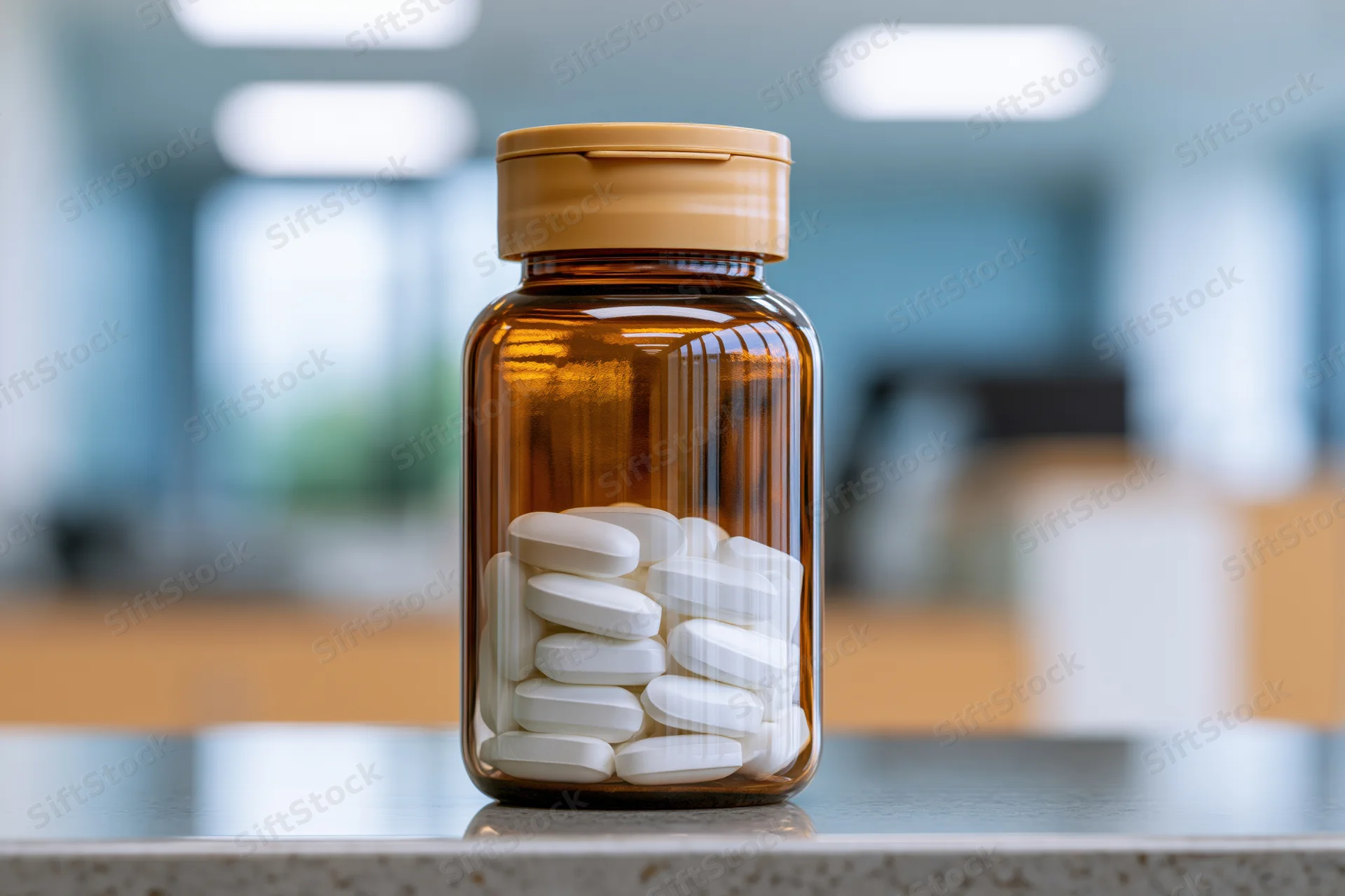 Amber glass pill bottle filled with white oval tablets on a countertop in a pharmacy setting