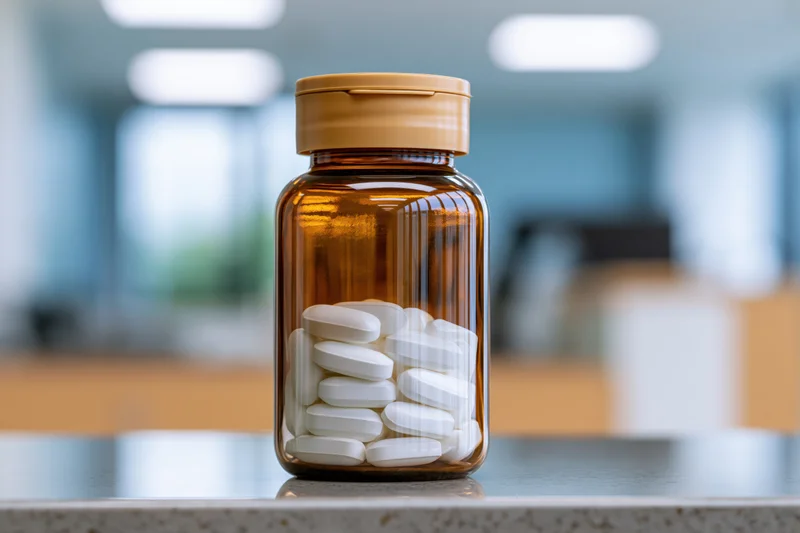 Amber glass pill bottle filled with white oval tablets on a countertop in a pharmacy setting