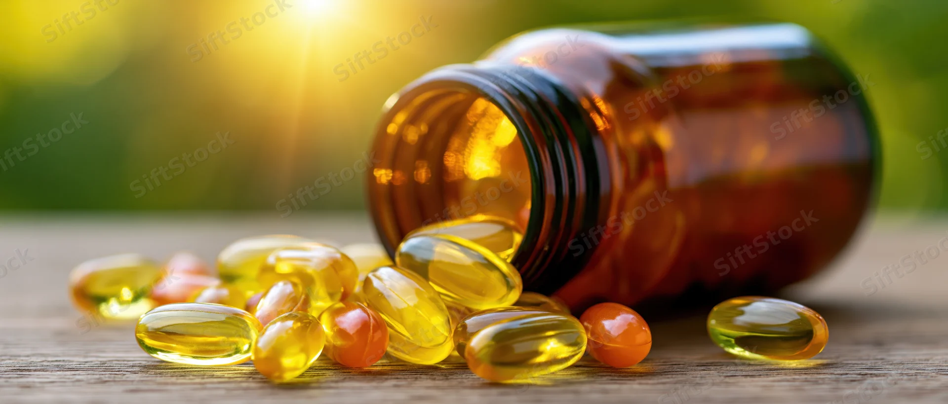 Amber glass bottle tipped over with yellow and orange capsules spilling onto wooden surface in sunlight