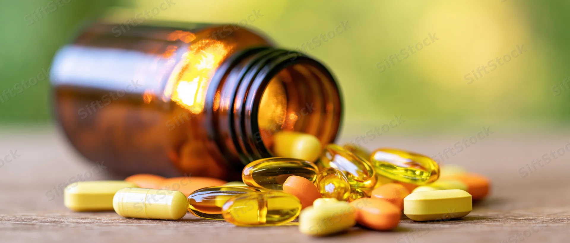 Spilled supplements and capsules from an amber glass bottle on a wooden surface