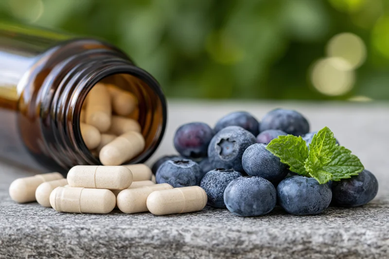 Supplement capsules spilled from amber bottle beside blueberries and mint on stone surface outdoors