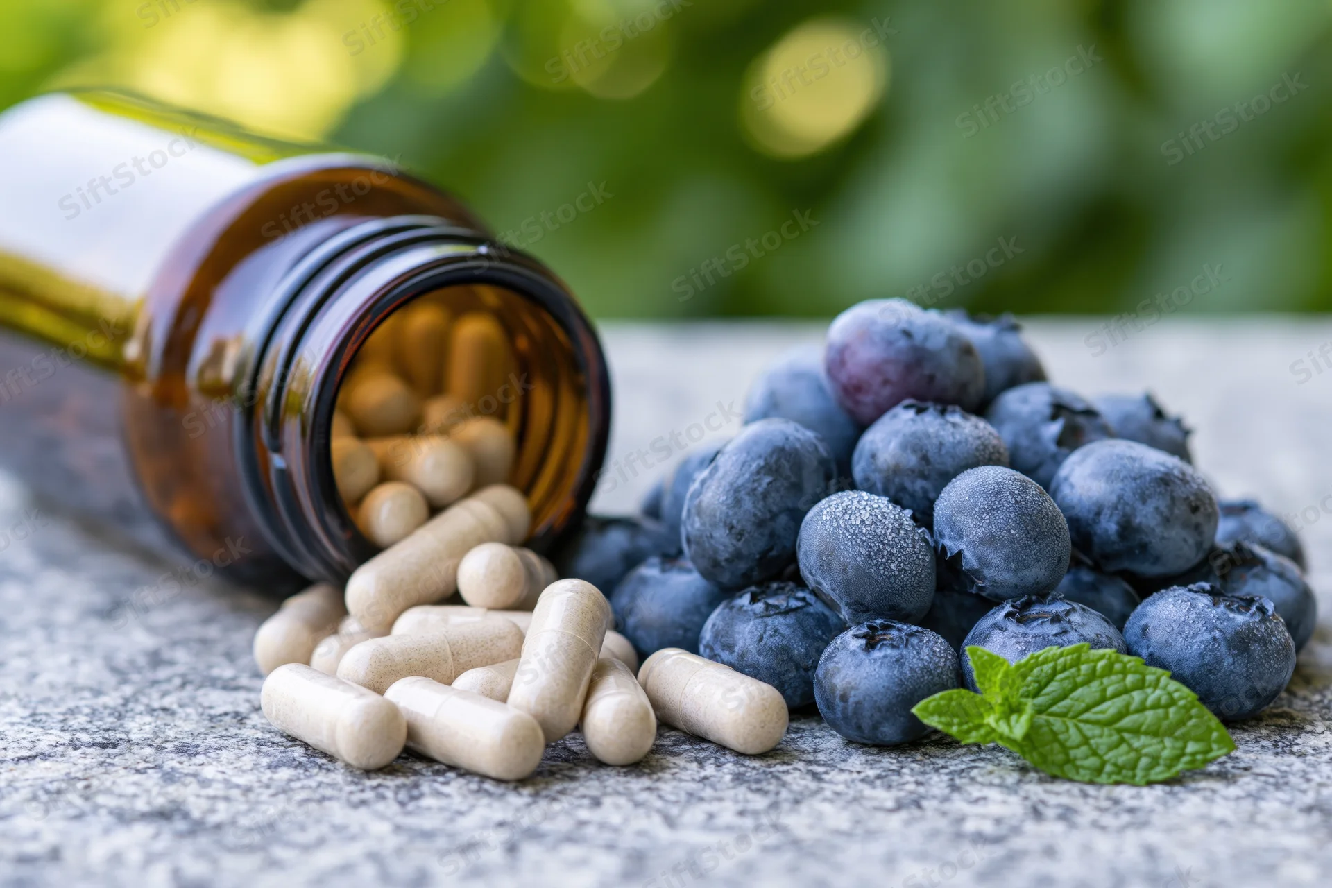 Supplement capsules spilled from amber bottle beside blueberries and mint on stone surface outdoors