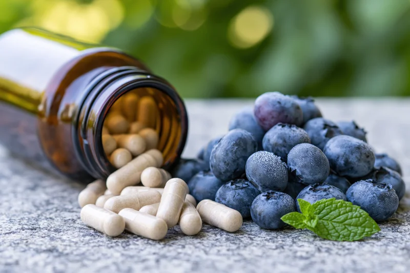 Supplement capsules spilled from amber bottle beside blueberries and mint on stone surface outdoors