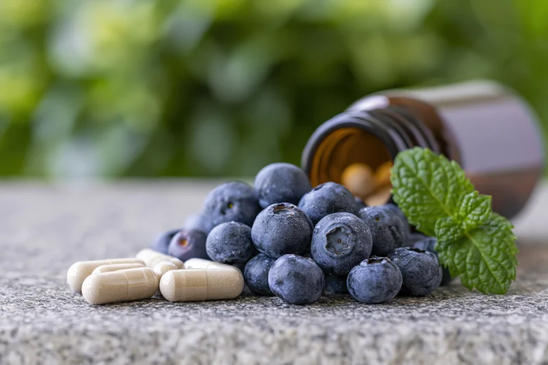 Blueberries and capsules beside a mint leaf and amber bottle on a stone surface outdoors