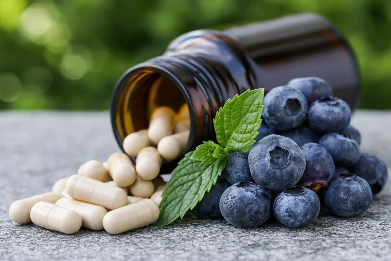 Amber glass supplement bottle lying on its side with capsules spilling out beside blueberries and mint leaves on a stone surface