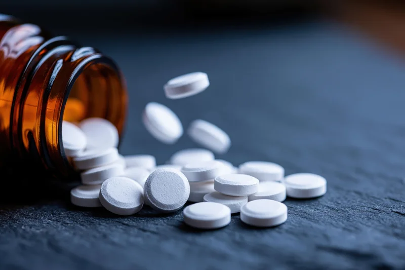 White pills spilling from an amber glass bottle onto a dark textured surface