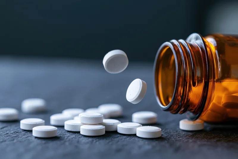 White pills falling from an amber prescription bottle onto a dark surface