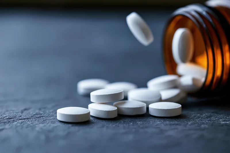 White pills spilling from an amber prescription bottle onto a dark surface