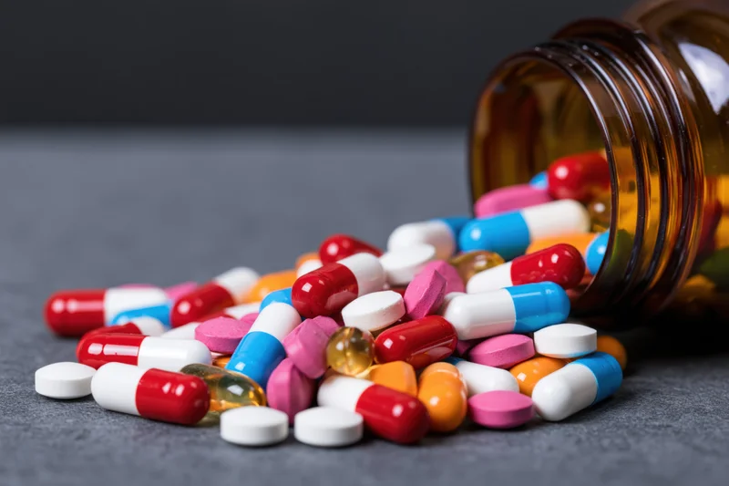 Scattered colorful pills and capsules spilling from an amber prescription bottle on a dark surface