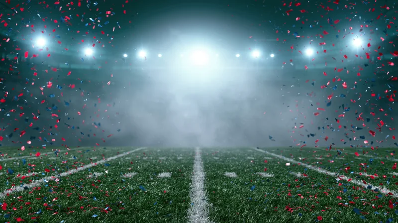 Football field at ground level with confetti falling under stadium lights at night